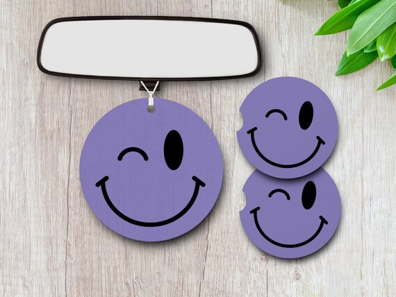 Purple Winking Smiley Face Emoji car accessories 3pc set - Retro Drink Coasters, Air Freshener - Teen Driver Gift for her - Bar Coasters