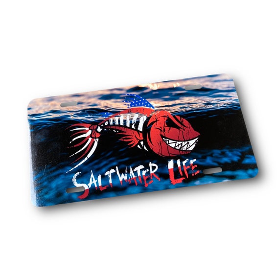 Saltwater Life License Plate - Fishing Car Tag - Skeleton Fish - Dad Gag Gift for Him - Patriotic Gift for Fisherman - 4th of July Boat Tag