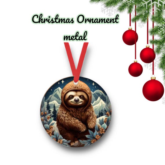 Santa Sloth 8 Christmas Ornament - cute zoo animals - metal holiday Gift Tag - Party Favors - whimsical Winter Kids room decor