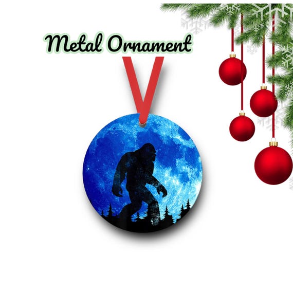 Bigfoot Ornament - Personalized metal Christmas Gift for him - 2 sided Sasquatch Gift Tag - Cryptid Tree Decor - Once in a Blue Moon