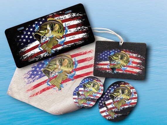 Patriotic Bass Fishing Car Accessories  Largemouth Fish on distressed grunge American Flag Memorial Day decor Birthday gift for Veteran