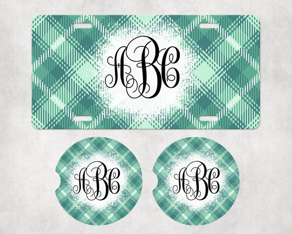 Green Plaid Monogram Car Accessories - Drink Coasters, License Plate, Air Freshener - Fathers Day gift for Dad, Birthday gift for Him