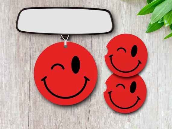 Red Winking Smiley Face Emoji car accessories 3pc gift set - Retro Drink Coasters, Air Freshener - Dad joke gag gift for him - Bar Coasters