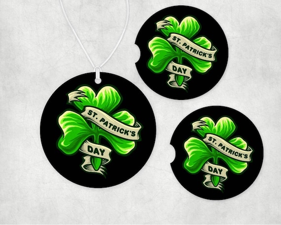 St Patrick’s Day Car Coasters, Lucky Irish Clover Car Accessories -  Air Freshener gift set