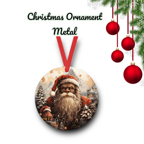 Santa Bigfoot 3 Ornament - Personalized metal Christmas Gift for him - 2 sided Sasquatch Gift Tag - Cryptid Tree Decor - Old Man Winter