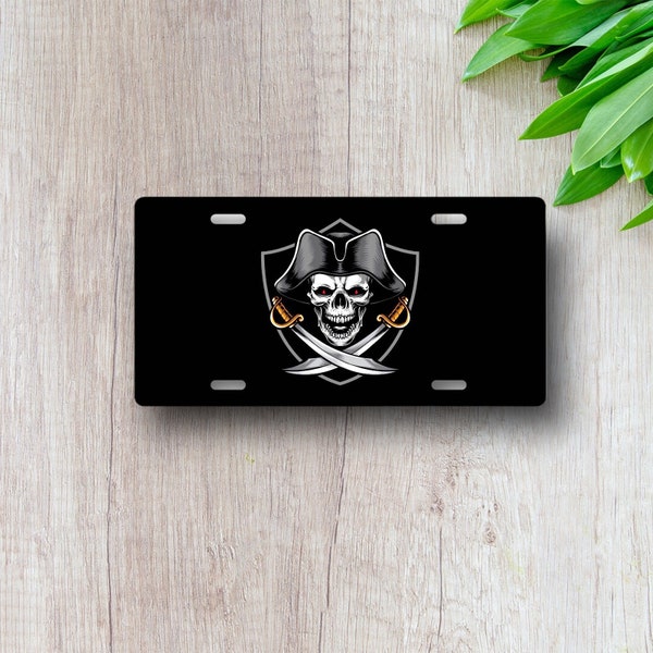 Pirate License Plate - Jolly Roger car tag - Skull w Swords - Halloween Horror - Man Cave, Bar Sign - Kid Birthday Party, Mini Bike Plate