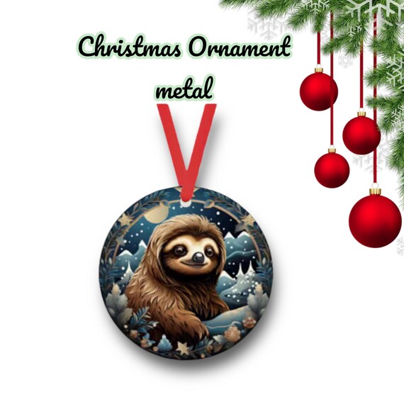 Santa Sloth 10 Christmas Ornament - cute zoo animals - metal holiday Gift Tag - Party Favors - whimsical Winter Kids room decor