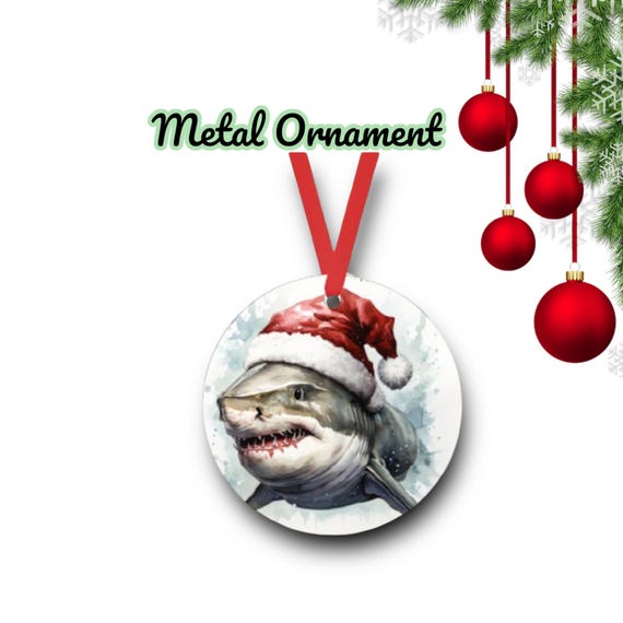 Santa Shark 2 Christmas Ornament - festive saltwater fish - metal holiday Gift Tag - Beach house home decor