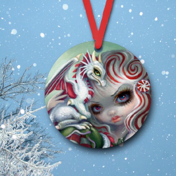 Peppermint Dragon Metal Christmas Ornament - Gothic Fantasy Fairy with baby Dragonling -Birthday, Christmas Gift Tag for Teen -Party Favors