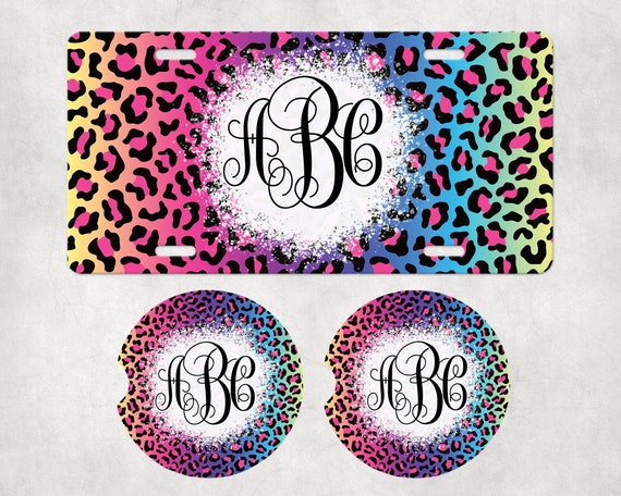 Rainbow Leopard print Monogram Car Accessories - personalized Coasters, License Plate, Air Freshener - cute handmade gift for Mom, Friend