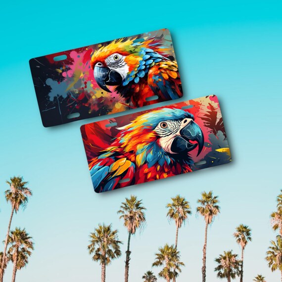 Macaw License Plate - Personalized Pet Parrot watercolor Pop Art - Aluminum Car Tag - Exotic Jungle Bird Artwork - Custom Parrot head Art
