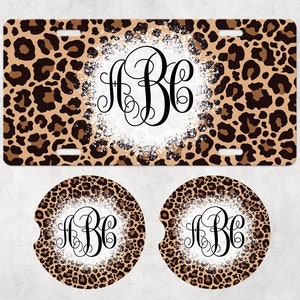 Leopard Print Monogram Car Accessories - Coasters, Air Freshener, License Plate - gift set