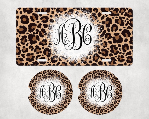 Leopard Print Monogram Car Accessories - Coasters, Air Freshener, License Plate - 3 piece Personalized gift set for Her - Cheetah Spots