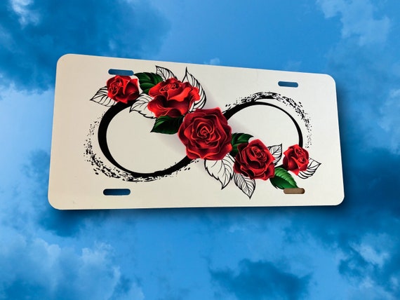 Infinity License Plate - Eternal Red Rose - Love aluminum Car Tag - Roses Anniversary, Wedding, Bridal Shower gift for Her - Birthday Gift