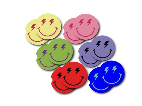 Emoji Car Coasters - Smiley Face Lightning Bolt Eyes - cute retro birthday, Christmas gag gift - Picnic accessories - nostalgic party favors