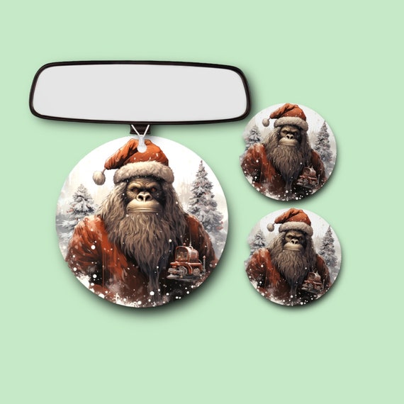 Christmas Sasquatch 21 -Bigfoot Car Accessories Gift Set - Santa Claus Yeti -Drink Coasters, Air Freshener - Mythical Beasts- Cryptid Hunter