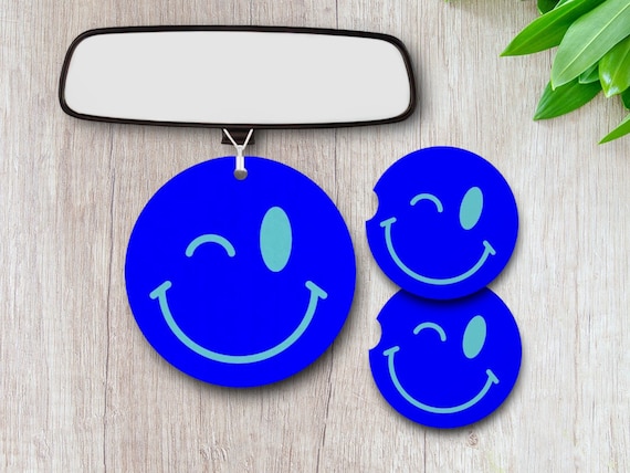 Blue Winking Smiley Face Emoji car accessories 3pc gift set - Retro Drink Coasters, Air Freshener - Dad joke gag gift for him - Bar Coasters