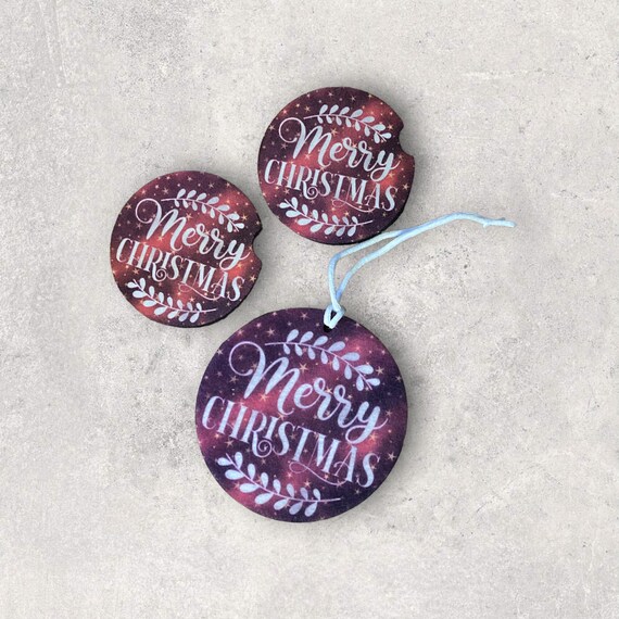 Merry Christmas Car Accessories - Air Freshener, Drink Coasters - Winter Holiday gift tags, party favors, stocking stuffers - co-worker gift