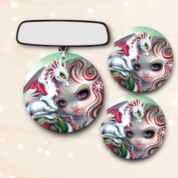 Peppermint Dragonling Car Accessories - Gothic Candy Cane Decor - Birthday, Christmas Gift for Teen, Her - Coasters, Freshener, Ornament