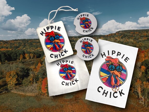 Hippie Chick Car Accessories - Drink Coasters, Soft Towel, Air Freshener - Barn yard Humor, Funky Disco Fashion -Retro Birthday Gift for her