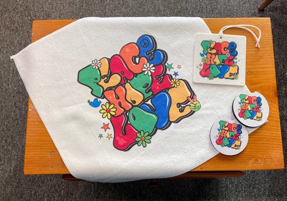 PEACE Car accessories - Flower Power, Hippie Soul, HOPE LOVE - Retro Vintage Boho Coasters, Air Freshener, Computer Cleaning Cloth