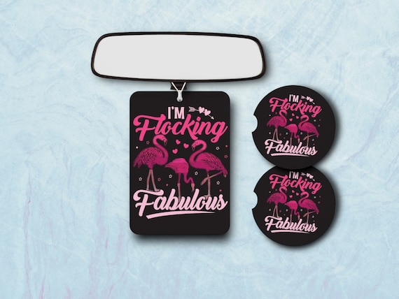 Pink Flamingo Car Accessories - Coasters, Air Freshener - Funky Retro Hippie - Birthday gift for Her - Cheeky Girl Power - Flocking Fabulous