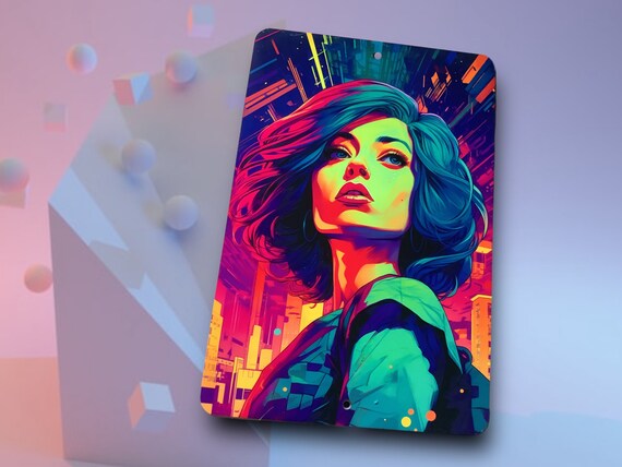Sci-Fi Metal Wall Art - Futuristic Pop Art Decor - Retro Space Art for Home & Office - Science Fiction Cosplay Girl - 8”x12”  Gift