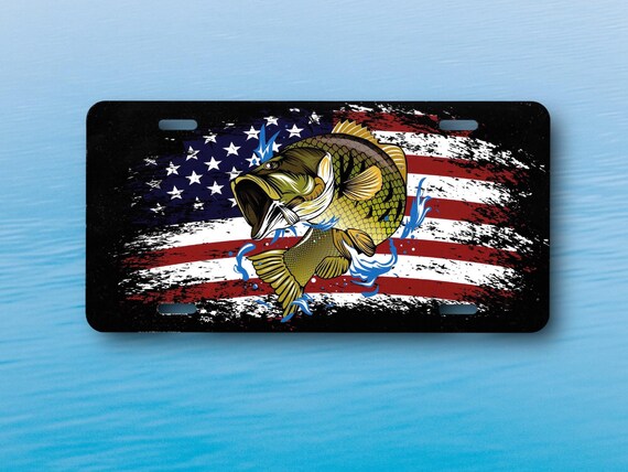 Fishing Car Tag - Largemouth Bass on American Flag - Dad Gift for Fisherman - Patriotic Veteran License Plate - Handicapped Wheelchair Tag