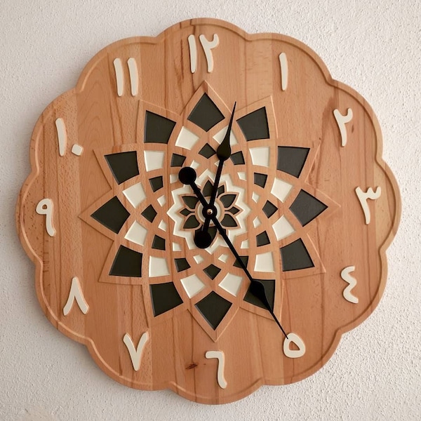 Horloge murale en bois au design géométrique - Horloge chiffres arabes - Horloge de sculpture sur bois sur mesure, accessoire de chambre esthétique, cadeau d'anniversaire parfait