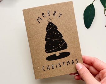 Festive Card - Christmas Tree - Cute Xmas Card - Merry Christmas - Illustrated Black and White Card