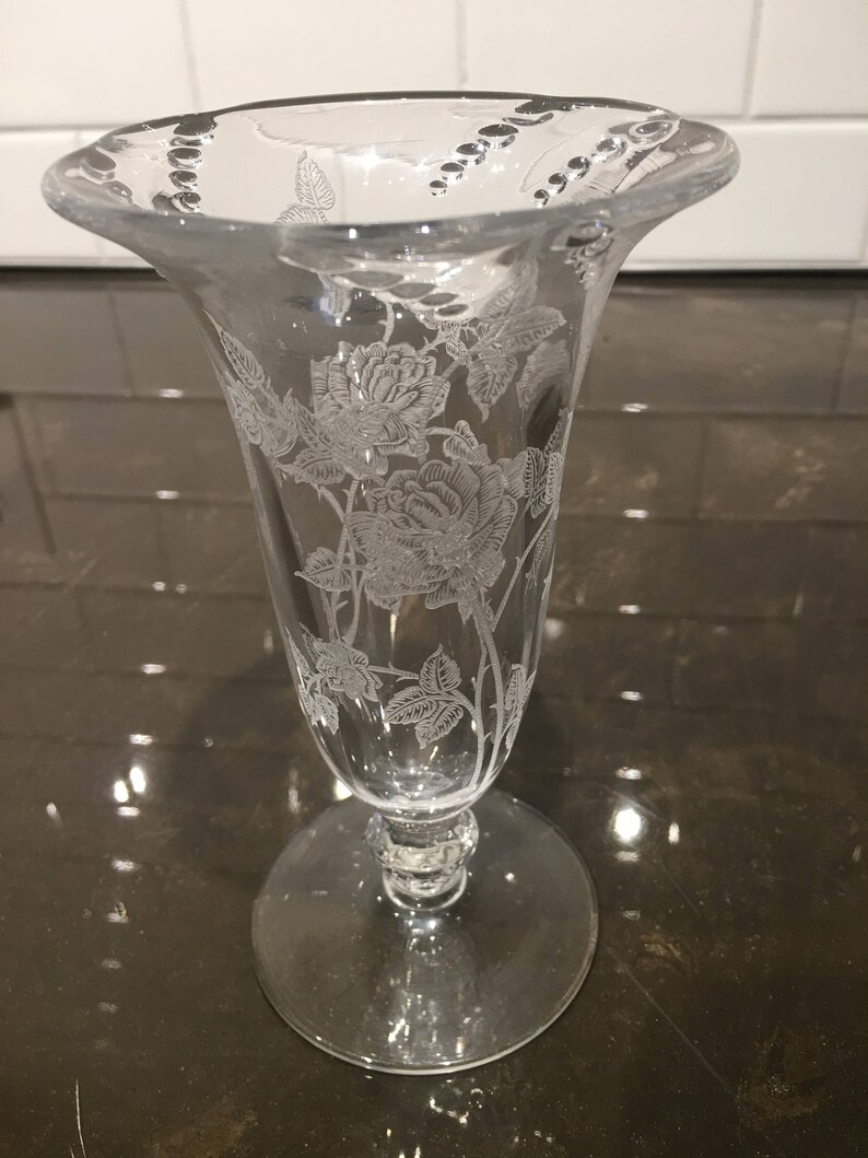 Heisey Rose Etched Glass Vase Etsy