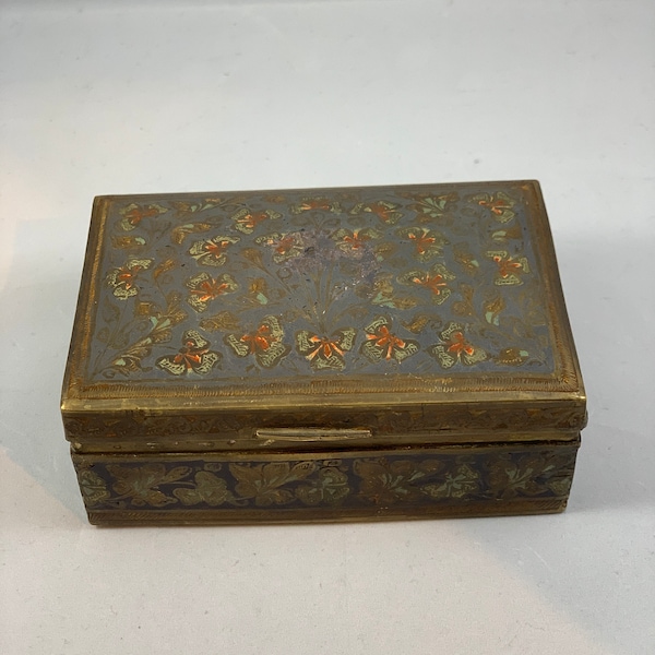 Vintage Brass and Stash Enamel trinket box, jewelry, flower, leaf, orange, gold green design