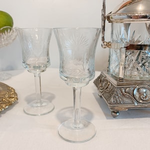 6 Romania Floral etched crystal stemmed cordial glasses, sherry, aperitif, bar set