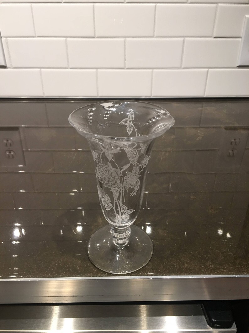 Heisey Rose Etched Glass Vase Etsy