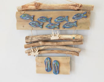 Driftwood hanging blue fishes wall decoration interior decoration