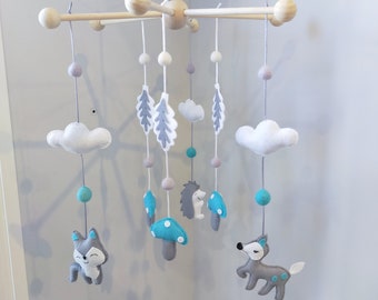 Baby mobile forest animals gray white blue tone