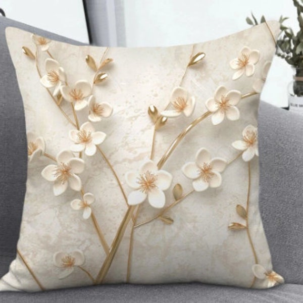 Coussin déhoussable 45x45 imprimé fleurs ton beige