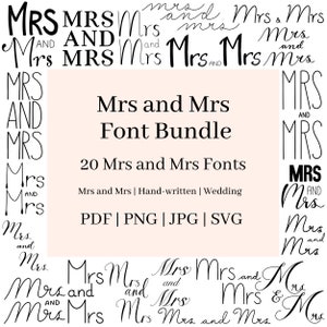 Op de afbeelding: Een digitale lettertypebundel met de woorden "Mrs and Mrs" in verschillende handgeschreven stijlen. De afbeelding bevat de tekst "Mrs and Mrs Font Bundle", "20 Mrs and Mrs Fonts" en bestandsformaten: PDF, PNG, JPG en SVG. De lettertypen zijn geschikt voor huwelijksprojecten.