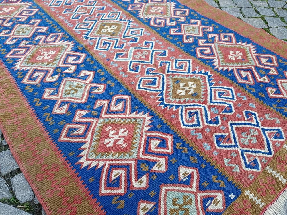 Blue Kilim Rug 3.5x5.4 Ft Anatolian Turkish Kilim Rug Boho Kilim Rug