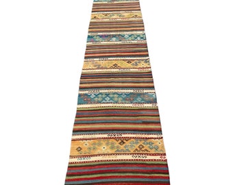 Colorful Kilim Runner Rug 2.3x10.4 ft Turkish Kilim Runner Rug Wool Runner Rug Boho Rug Runner Handwoven Rug