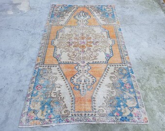 Orange Oushak Rug 4x7 ft Blue Turkish Rug Anatolian Rug Boho Rug Traditional Rug Vintage Rug Home Decor