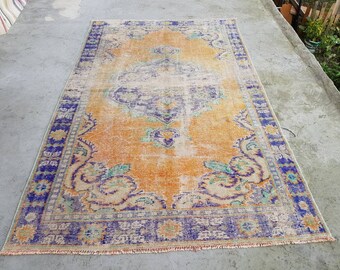 Orange Overdyed Rug 5.8x9.4 ft Turkish Overdyed Rug Boho Rug Traditional Rug Wool Rug Bohemian Rug Home Decor Vintage Rug Area Rug