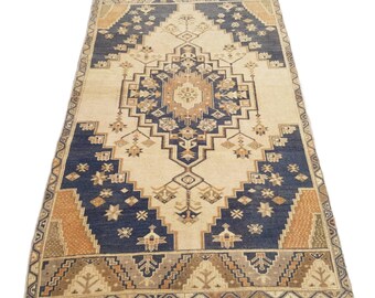 4 'x 7 'Marine und Beige Oushak Teppich, Anatolischer türkischer Teppich, Boho Teppich, Handgeknüpfter Teppich, Boho Teppich, Mittelgroßer Teppich, Vintage RUG