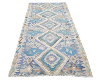 Alfombra Kilim turca azul 5'2"x10'1" Alfombra Kilim de Anatolia, Alfombra Kilim Boho de área, Alfombra Kilim tejida a mano, Alfombra Kilim de lana, Alfombra Kilim vintage