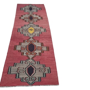 Red turkish kilim runner rug, anatolian wool kilim runner, hand woven kilim runner, boho kilim runner rug, vintage kilim runner