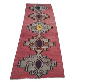 Czerwony turecki dywanik kilim, anatolijski wełniany dywanik kilim, ręcznie tkany dywanik kilim, boho dywanik kilim, vintage dywanik kilim