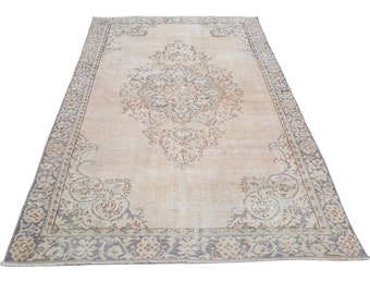 6x9 Tan Oushak Teppich, Handgeknüpfter Wollteppich, Wohnzimmer Teppich, Anatolischer Teppich, Heller Oushak Teppich, Vintage Teppich