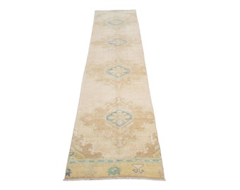 2,7x11,4 Ft Flur Küchenläufer - Türkischer Teppichläufer - Verblasster Pastell Teppich - Handgeknüpfter Wollteppich - Bad Läufer - Büroteppich - 346x81 Cm