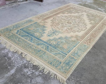 3.7x5.6 ft Vintage Rug, Turkish Accent Rug, Beige Bordered Wool