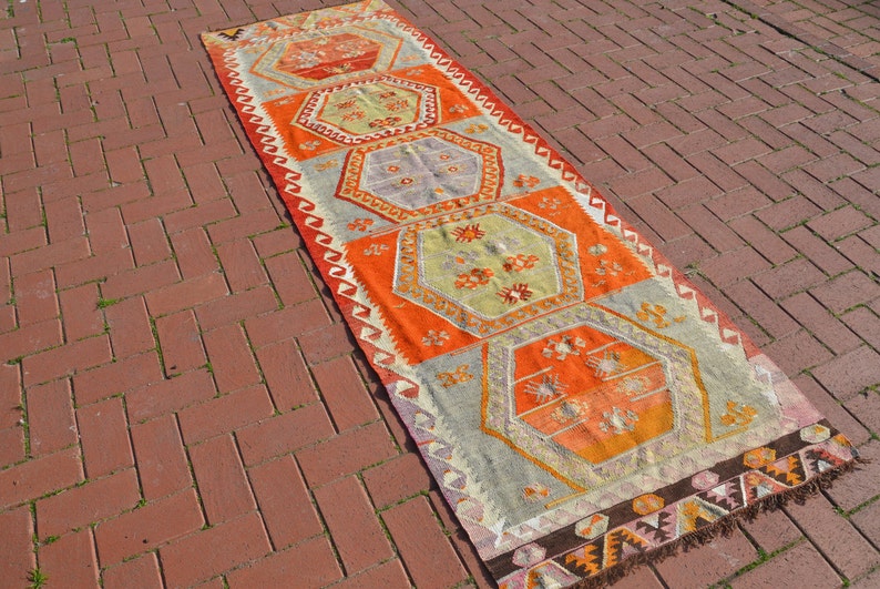 Pastel Orange and Blue Turkish Kilim Runner - 1960s Handwoven Tu Pastel Orange and Blue Turkish Kilim Runner - 1960s Handwoven Tu